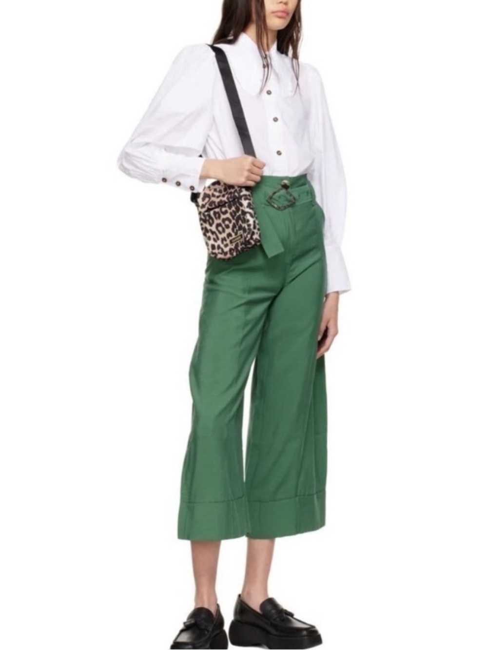 Ganni Green Cropped Wide-Leg Trouser pants with belt and silver buckle, Myrtle